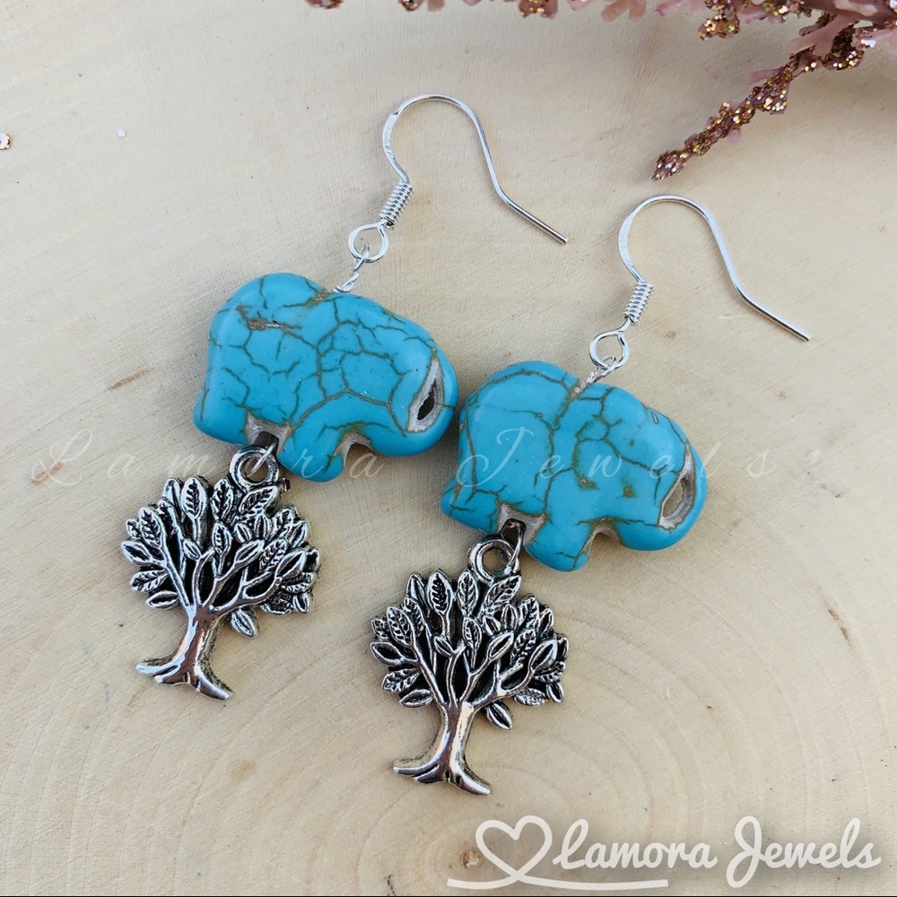 TURQUOISE Gemstone Elephant Tree Charm Earrings